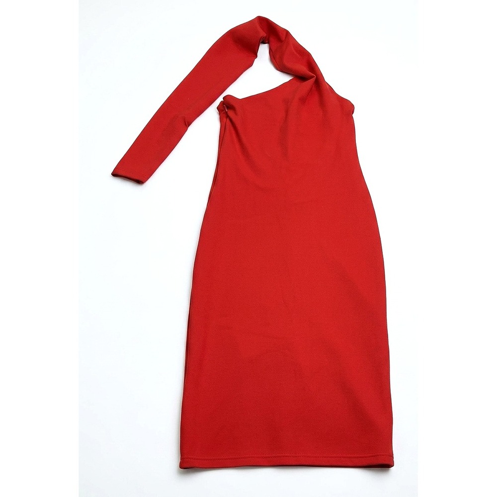 ALIEVA Dasha Red One Shoulder Asymmetric Midi Bodycon Dress Women's Medium M